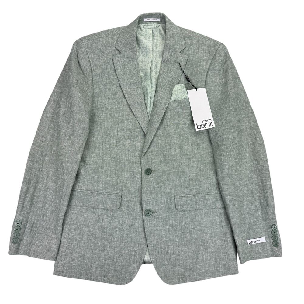 Bar III Mens Slim Fit Linen Cotton Solid Suit Jacket Green 38R